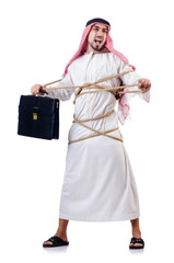Arab man tied up with rope on white