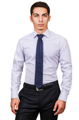 Male model with shirt isolated on white