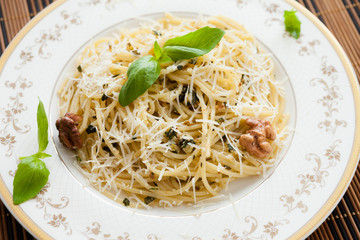 pasta with nut sauce and basil, parmesan