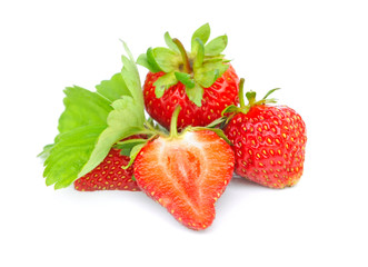 Strawberries with leaves on a white background