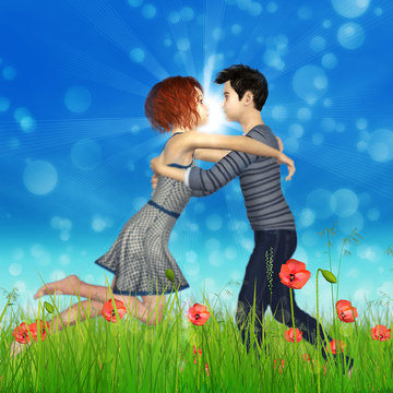 Teen couple on poppy field