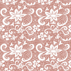 Lace seamless pattern with flowers on beige background