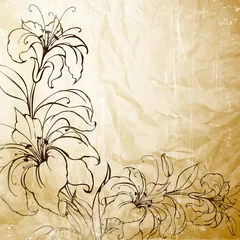 Stickers pour porte Fleurs abstraites Lys en fleurs sur fond sépia