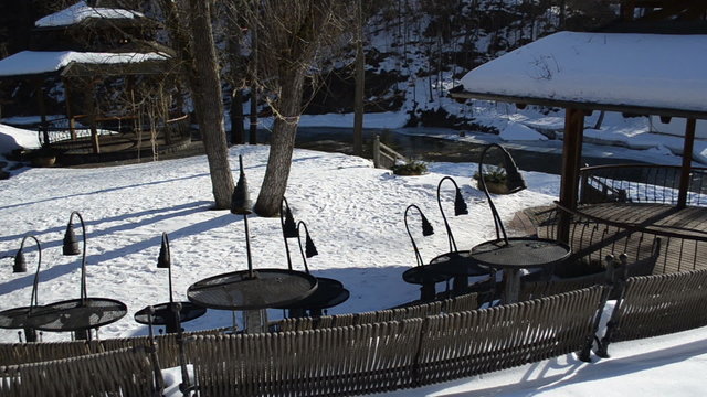 modern design seat tables snow restaurant cafe river winter