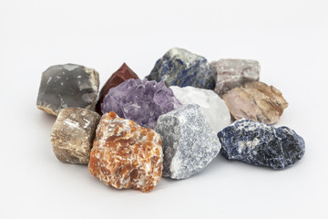 composition of various crystals on white background.