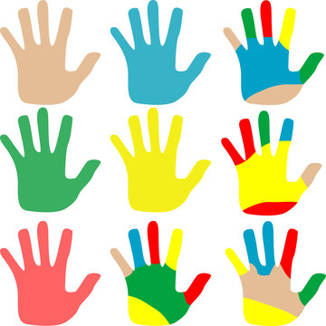 illustration hands multicolored set isolated on white
