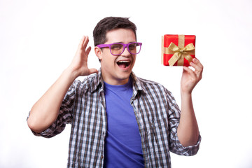 A man with present box, white background.