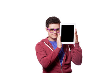 Smiling student in sunglasses with tablet