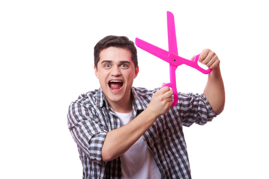 Funny man with big scissors