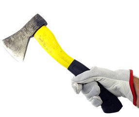 Axe on hand on white closeup