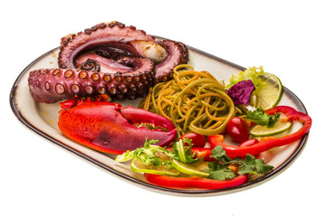 Seafood pasta with octopus and lobster leg