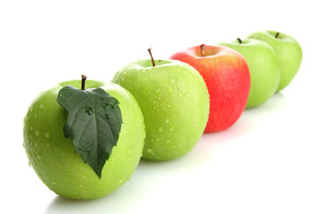 Ripe green apples and one red apple isolated on white
