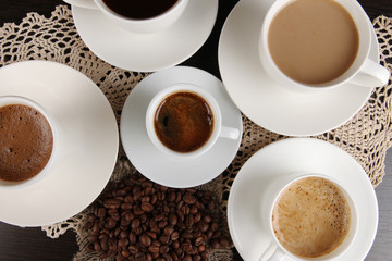 Assortment of different hot coffee drinks close up