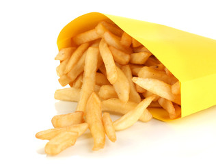 French fries in paper bag isolated on white