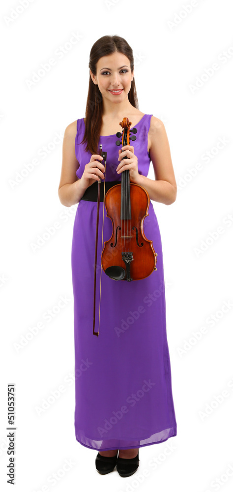 Wall mural Beautiful young girl with violin, isolated on white