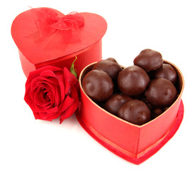 Chocolate candies in gift box, isolated on white
