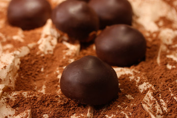 Obraz na płótnie Canvas Chocolate candies with cocoa powder, close up