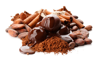 Composition of chocolate sweets, cocoa and spices, isolated