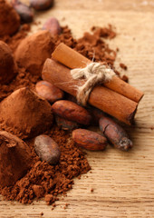 Composition of chocolate  truffles, cocoa and spices