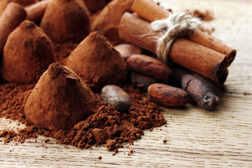 Composition of chocolate  truffles, cocoa and spices