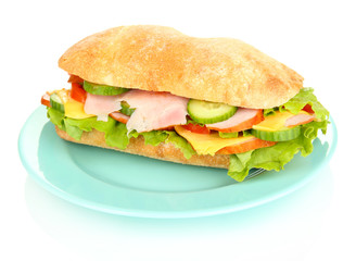 Fresh and tasty sandwich with ham and vegetables isolated