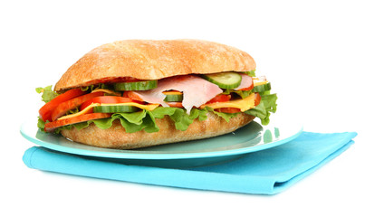 Fresh and tasty sandwich with ham and vegetables isolated