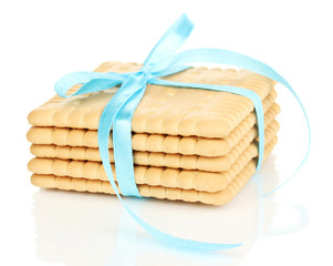 Sweet cookies tied with blue ribbon isolated on white