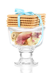 Sweet cookies tied with colorful ribbons isolated on white