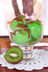 Delicious ice cream on table in room