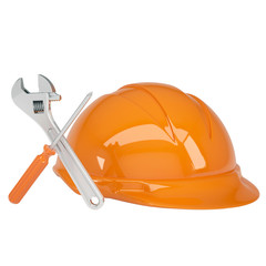 Helmet, wrench and a screwdriver