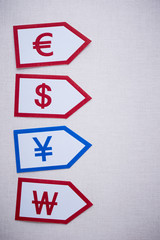 Money euro dollar yen won and sign