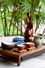 Chinese tea set on wooden table