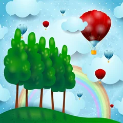 Stoff pro Meter Landschaft mit Luftballons, Fantasieillustration © Luisa Venturoli