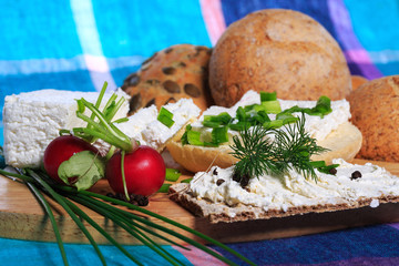 Healthy breakfast, sandwich, cottage cheese, vegetables