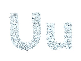 Water drops alphabet letter u, isolated white