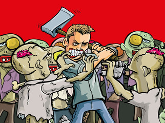 Cartoon illustration of a lone man make a last stand