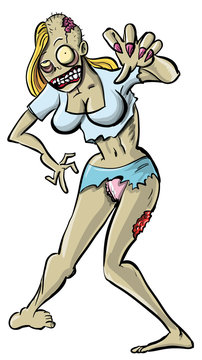Grotesque female zombie in a miniskirt