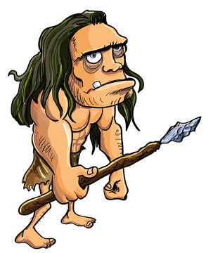 Cartoon caveman with a spear isolated on white