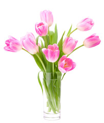 Pink tulips bouquet in vase isolated on white background