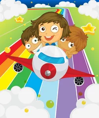 Foto op Canvas Een vliegtuig met drie speelse kinderen © GraphicsRF