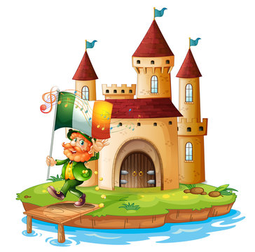 A castle with a man holding the flag of Ireland