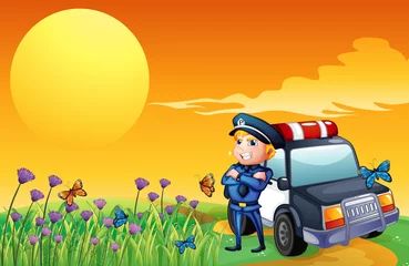 Fotobehang Vlinders Een zonsondergang met een politieagent en een auto op de heuvel