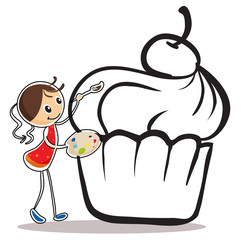 A girl painting the cupcake