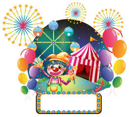 A board with series lights in front of the female clown