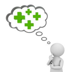 Fototapeta premium 3d man thinking with plus signs in thought bubble