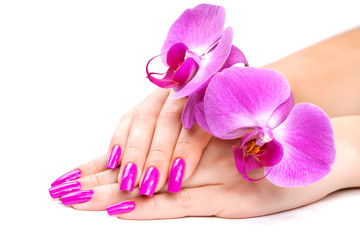 Obraz na płótnie Canvas female hands with orchid flower. isolated