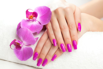 female hands with fragrant orchid and towel. Spa