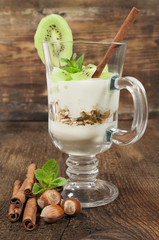 fruit dessert with yogurt and kiwi