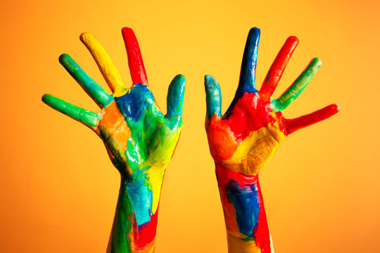 Painted hands, colorful fun. Creative, funny concepts