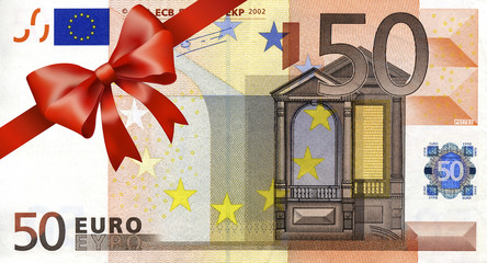 50 Euroschein mit rotem Band und Schleife